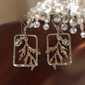 Handcrafted Gold & Silver Cedar Branch and Pinecone Earrings in Silver Frame